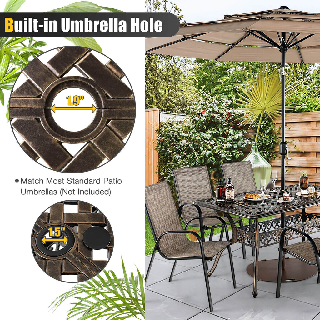 59 Inch Aluminum Patio Dining Table with Umbrella Hole fot 6 Persons