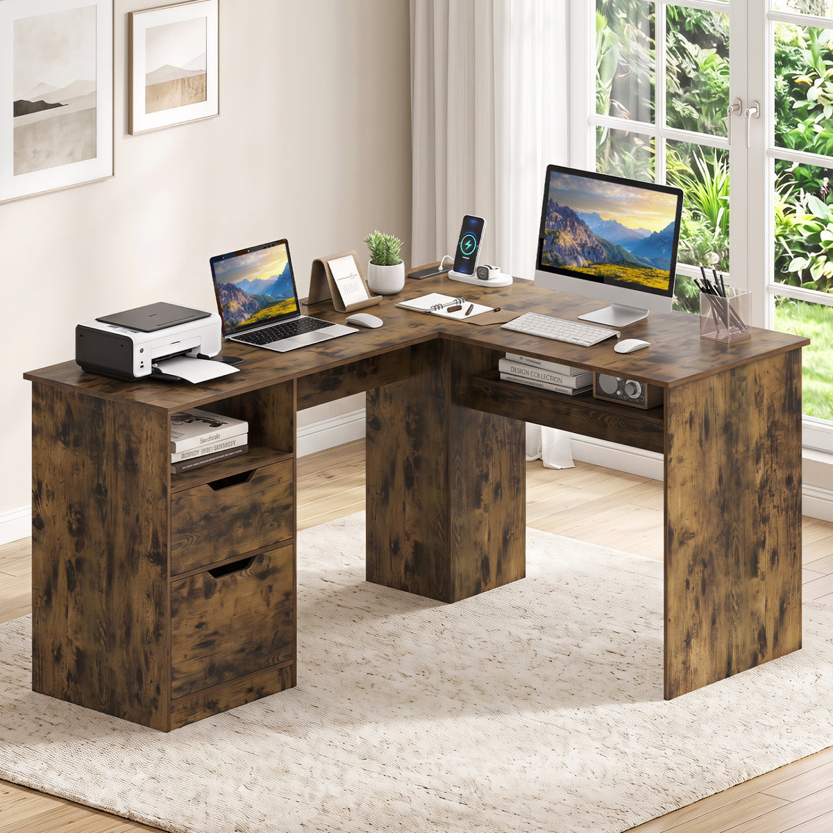 59" L-Shaped Executive Desk with Power Outlets - Rustic Brown