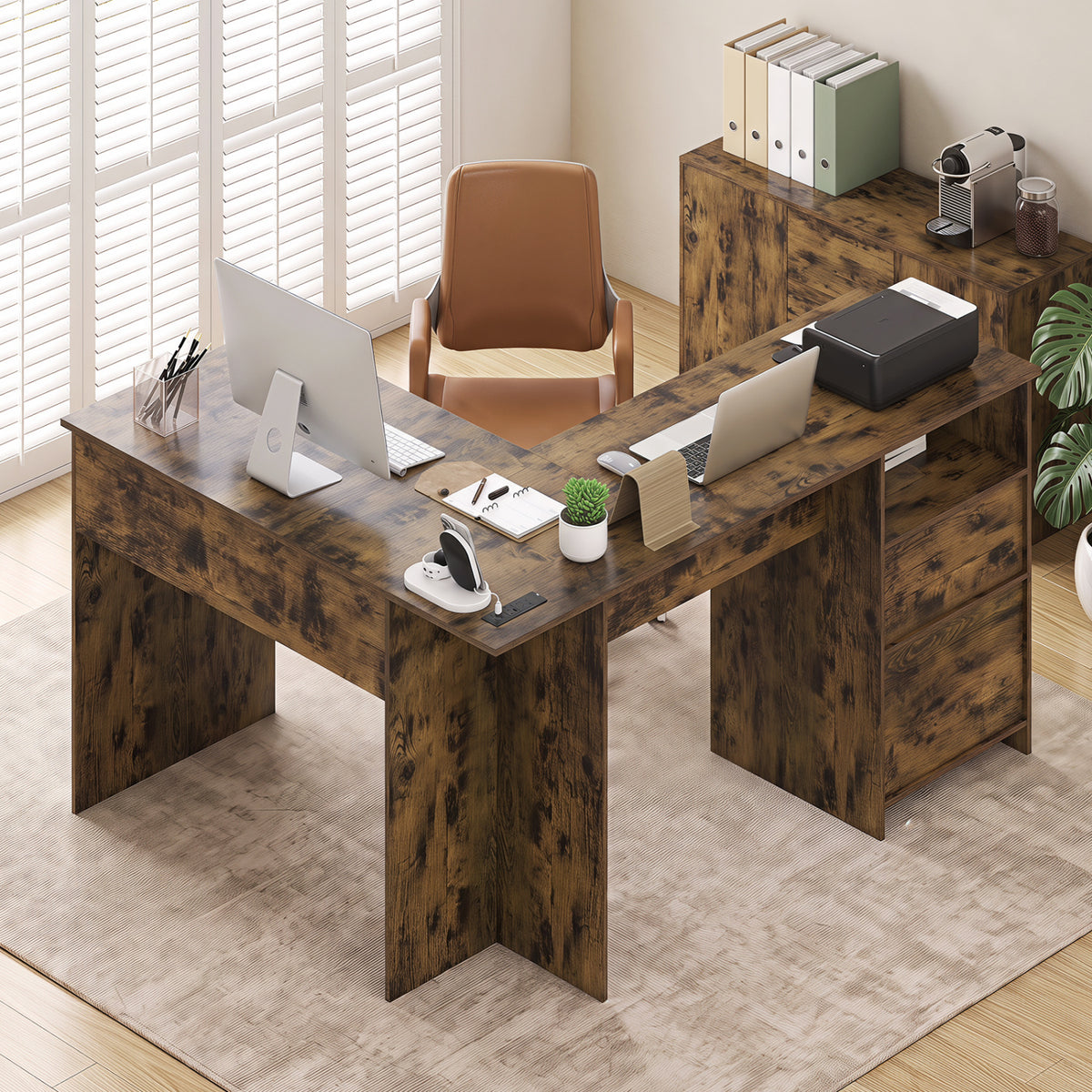 59" L-Shaped Executive Desk with Power Outlets - Rustic Brown