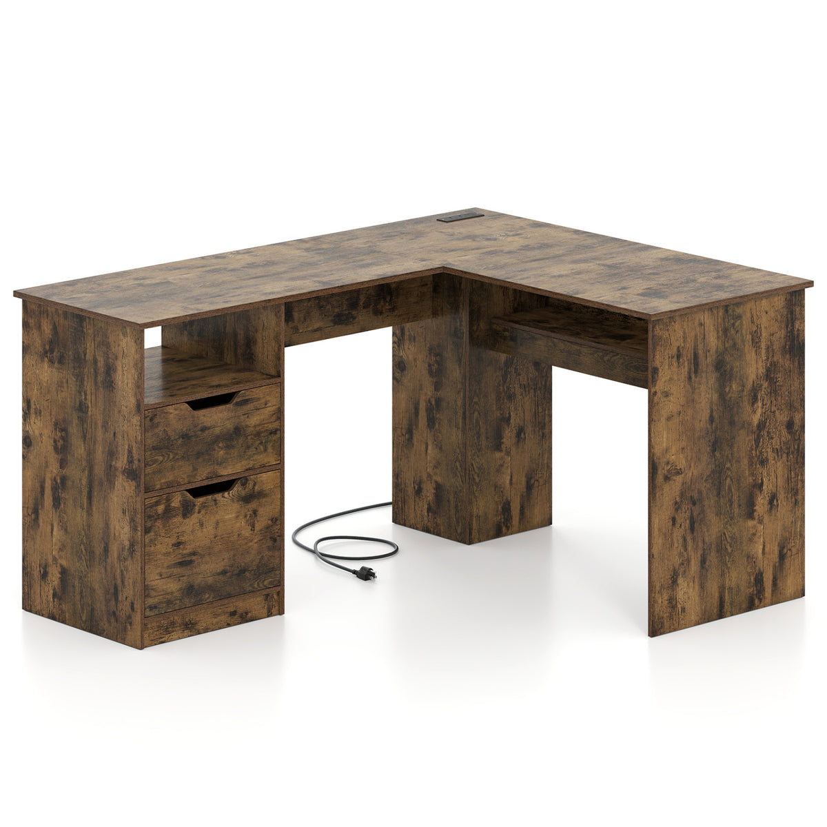 59" L-Shaped Executive Desk with Power Outlets - Rustic Brown