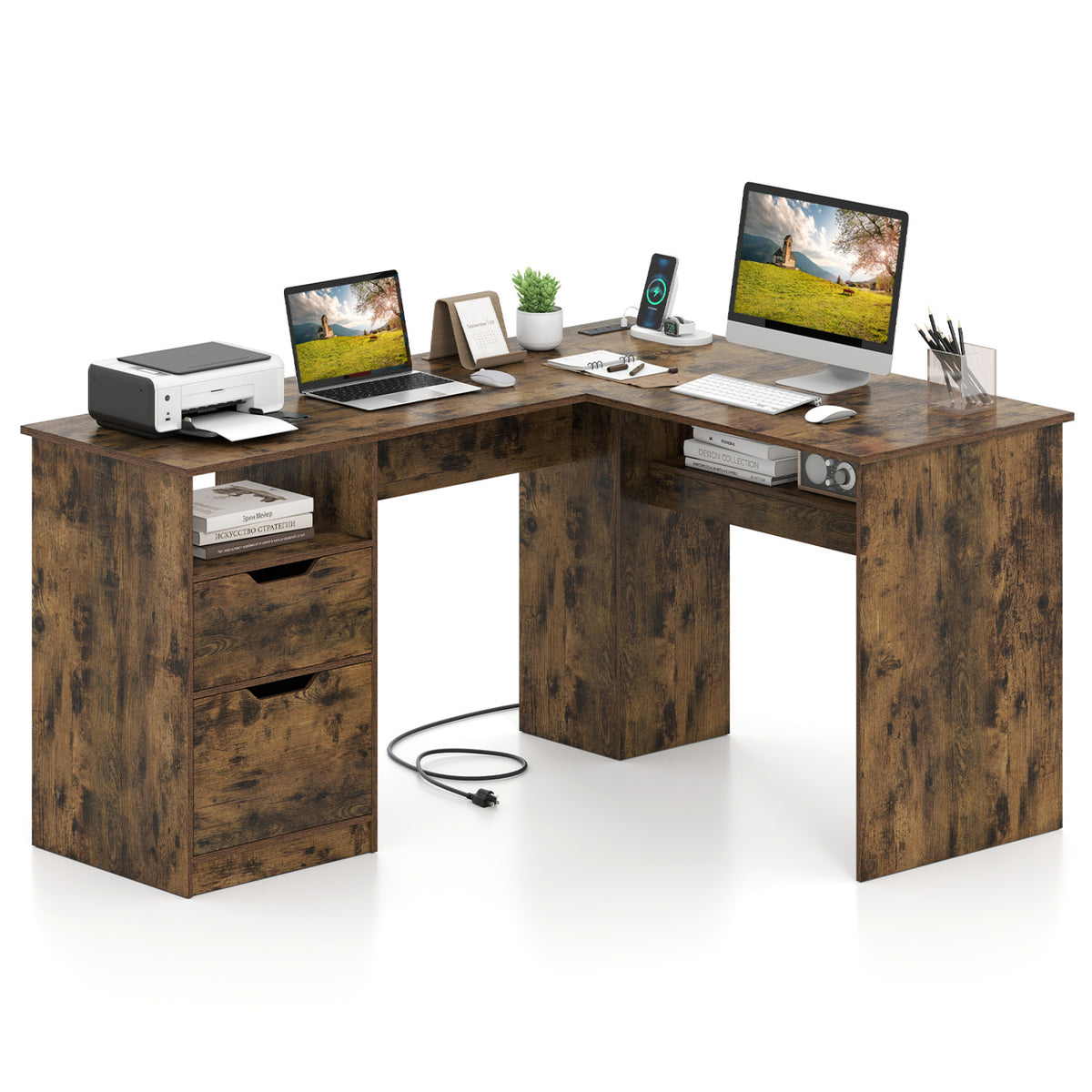 59" L-Shaped Executive Desk with Power Outlets - Rustic Brown