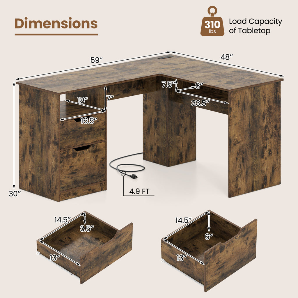 59" L-Shaped Executive Desk with Power Outlets - Rustic Brown