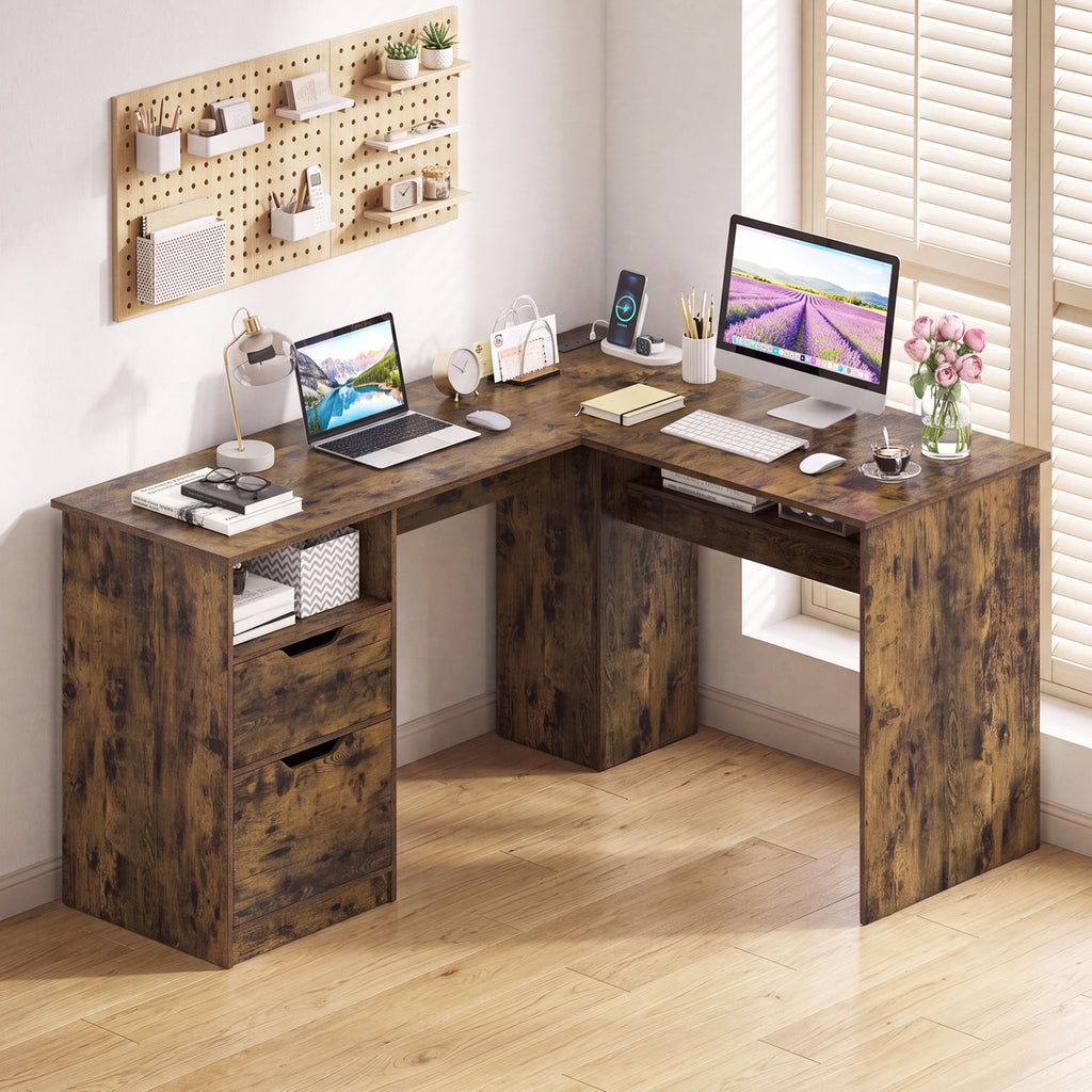 59" L-Shaped Executive Desk with Power Outlets - Rustic Brown