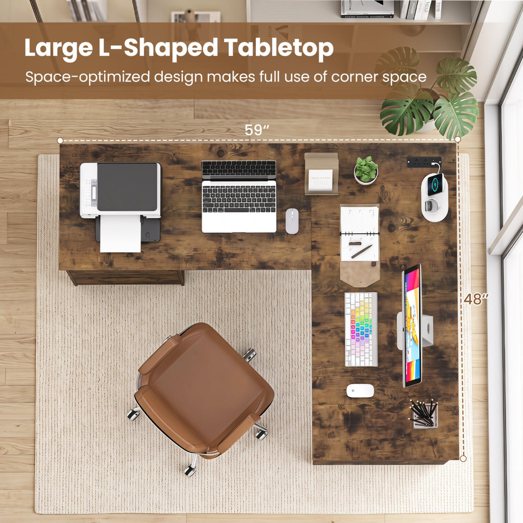 59" L-Shaped Executive Desk with Power Outlets - Rustic Brown