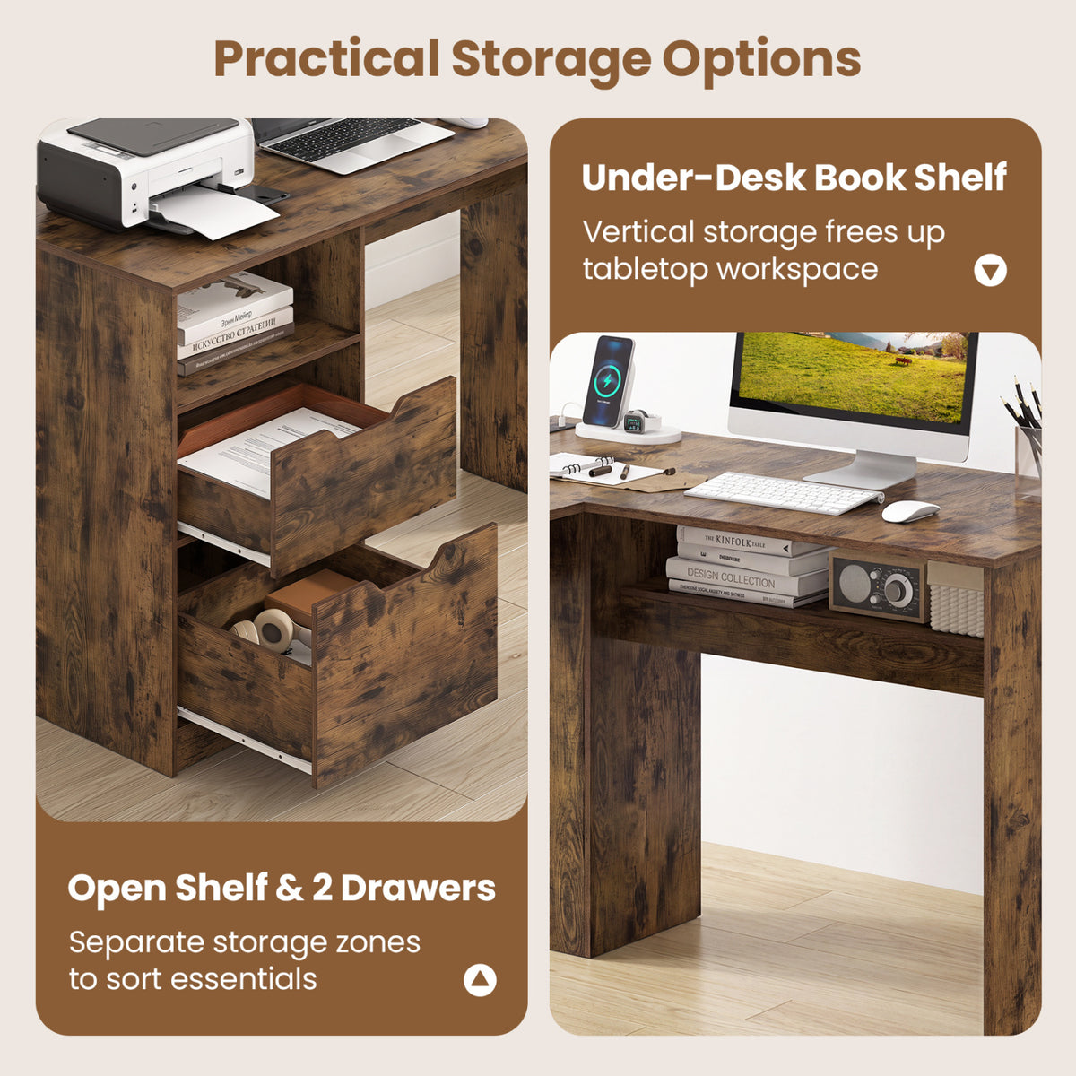 59" L-Shaped Executive Desk with Power Outlets - Rustic Brown