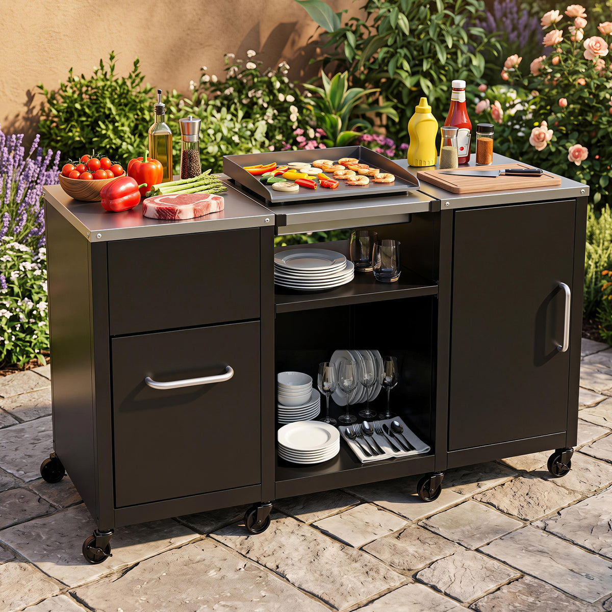 59" Outdoor Grill Table with 2 Removable Shelves and Stainless Steel