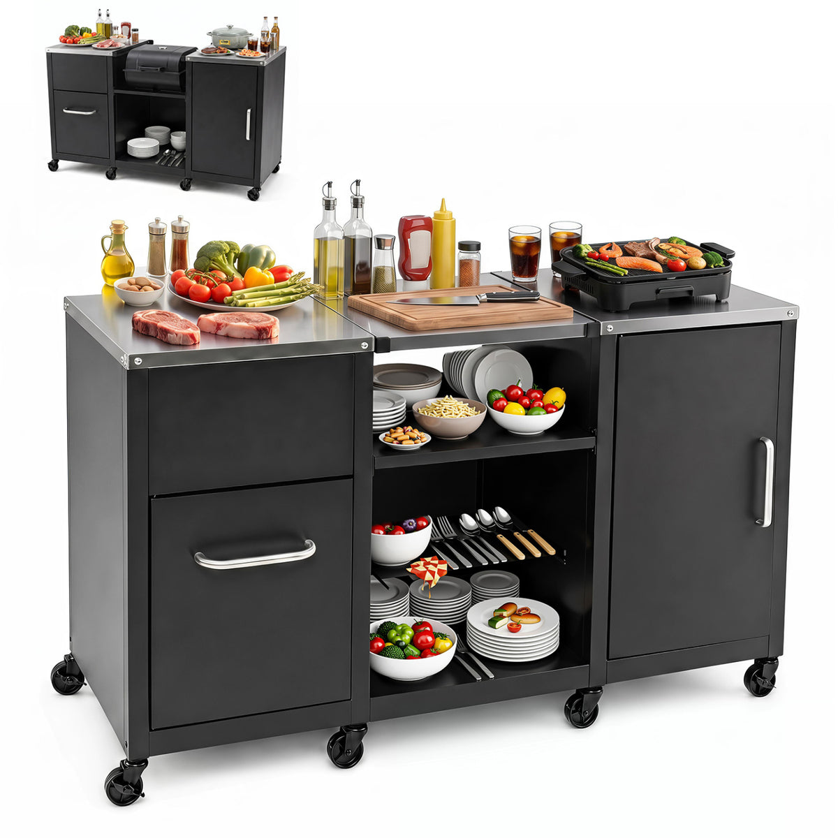 59" Outdoor Grill Table with 2 Removable Shelves and Stainless Steel
