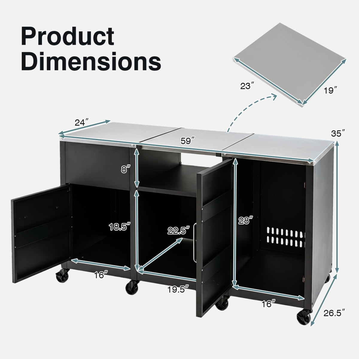 59" Outdoor Grill Table with 2 Removable Shelves and Stainless Steel