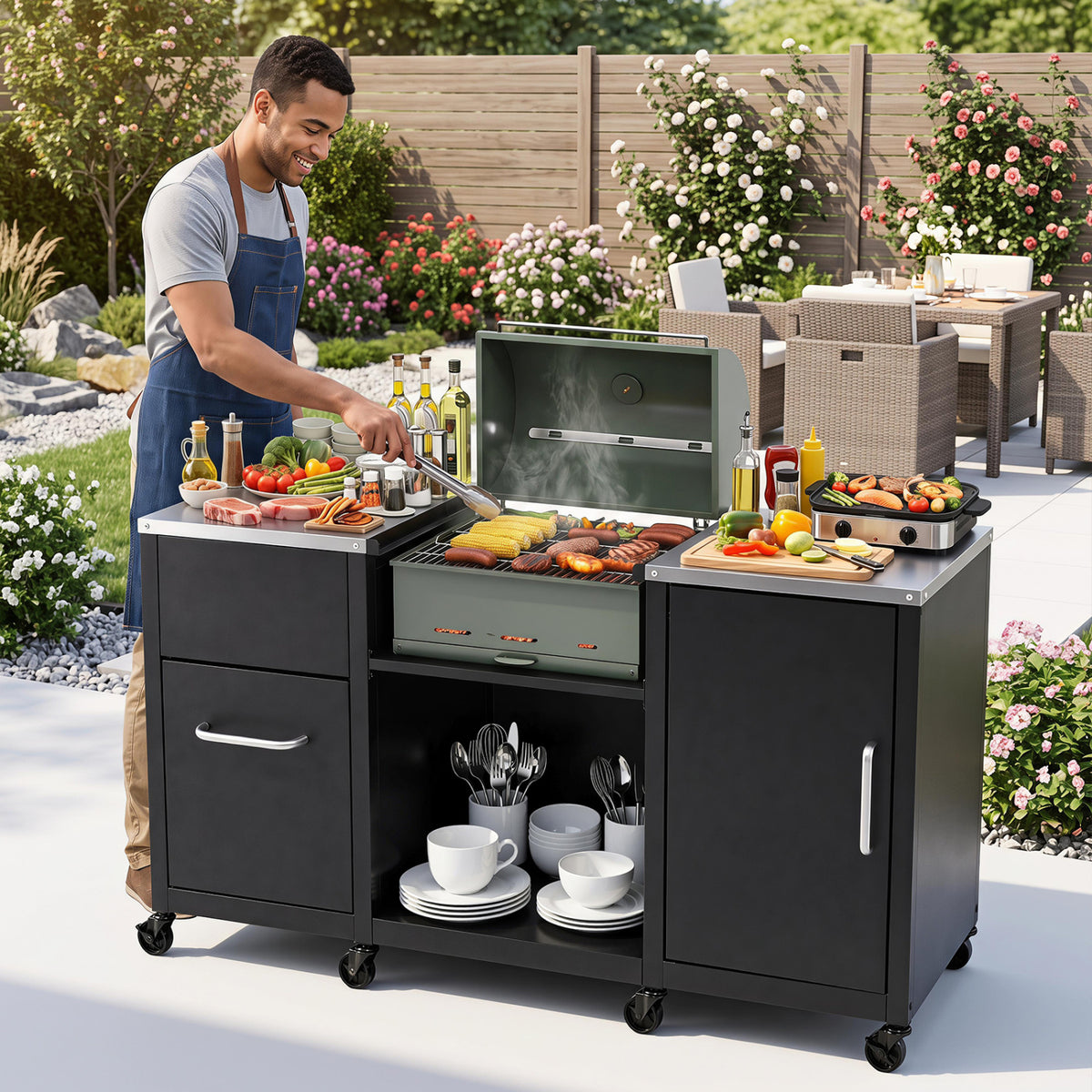 59" Outdoor Grill Table with 2 Removable Shelves and Stainless Steel