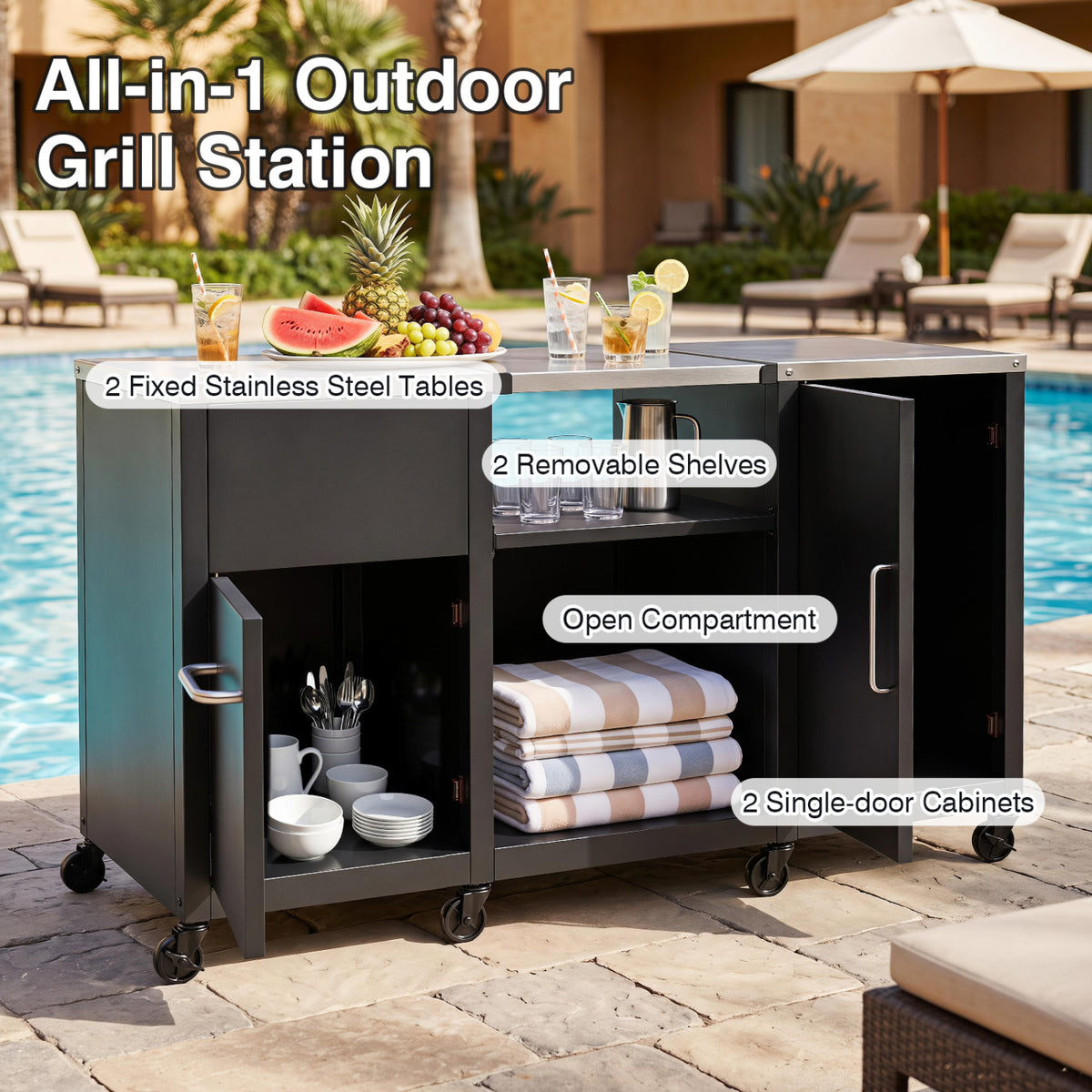 59" Outdoor Grill Table with 2 Removable Shelves and Stainless Steel