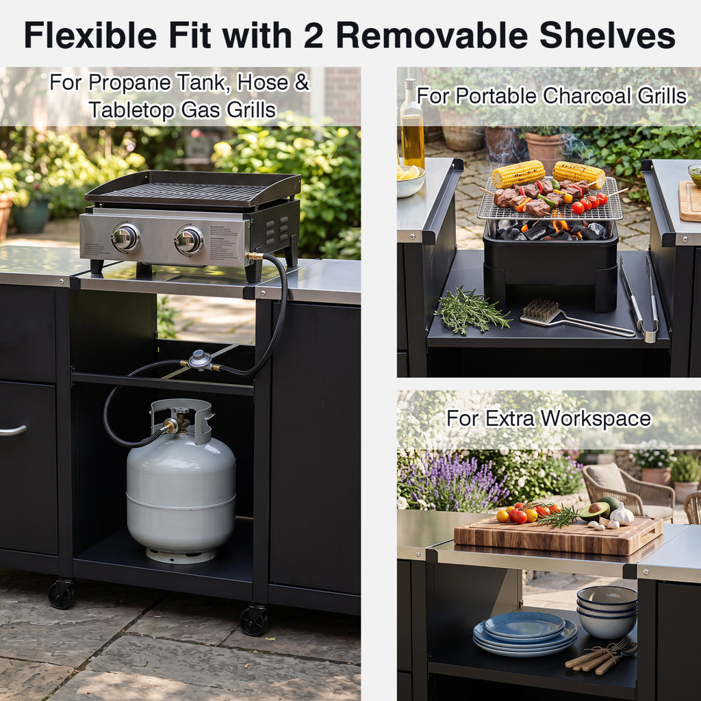 59" Outdoor Grill Table with 2 Removable Shelves and Stainless Steel