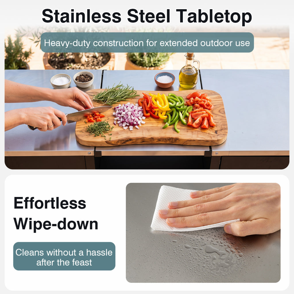 59" Outdoor Grill Table with 2 Removable Shelves and Stainless Steel