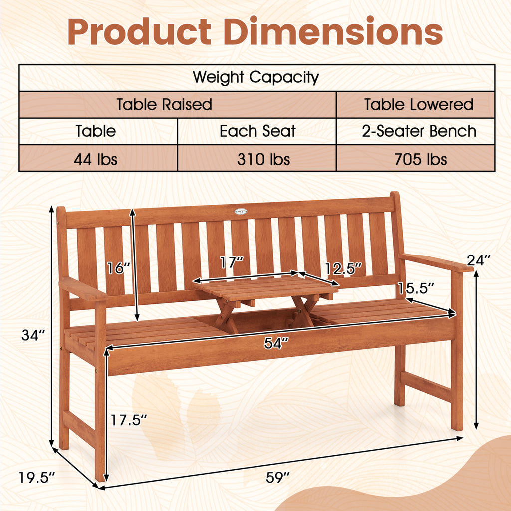 59" Outdoor Wood Garden Bench with Pull-Out Center Table