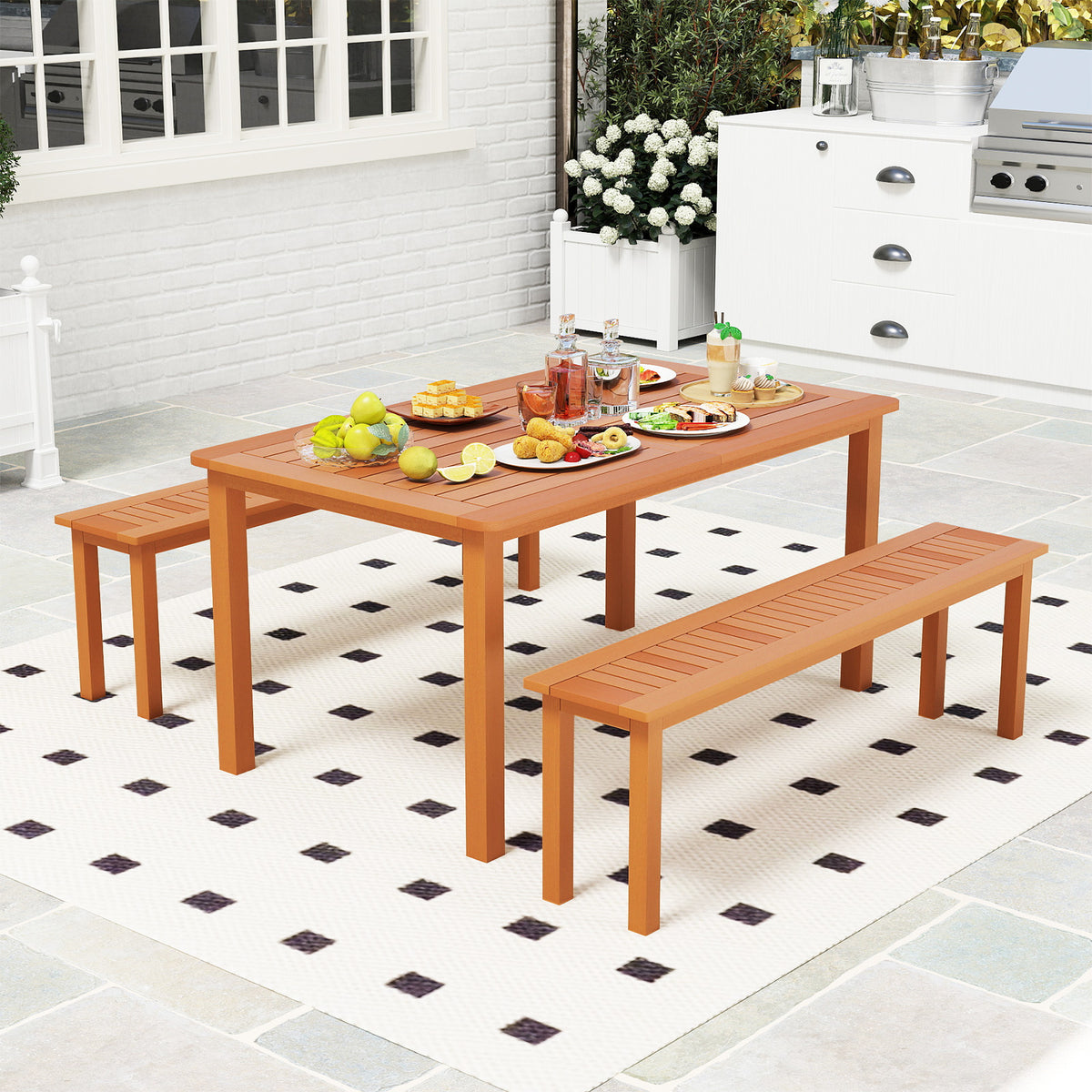 Outdoor 59 Inch Long Patio Dining Backless Wooden Bench with Teak Oil