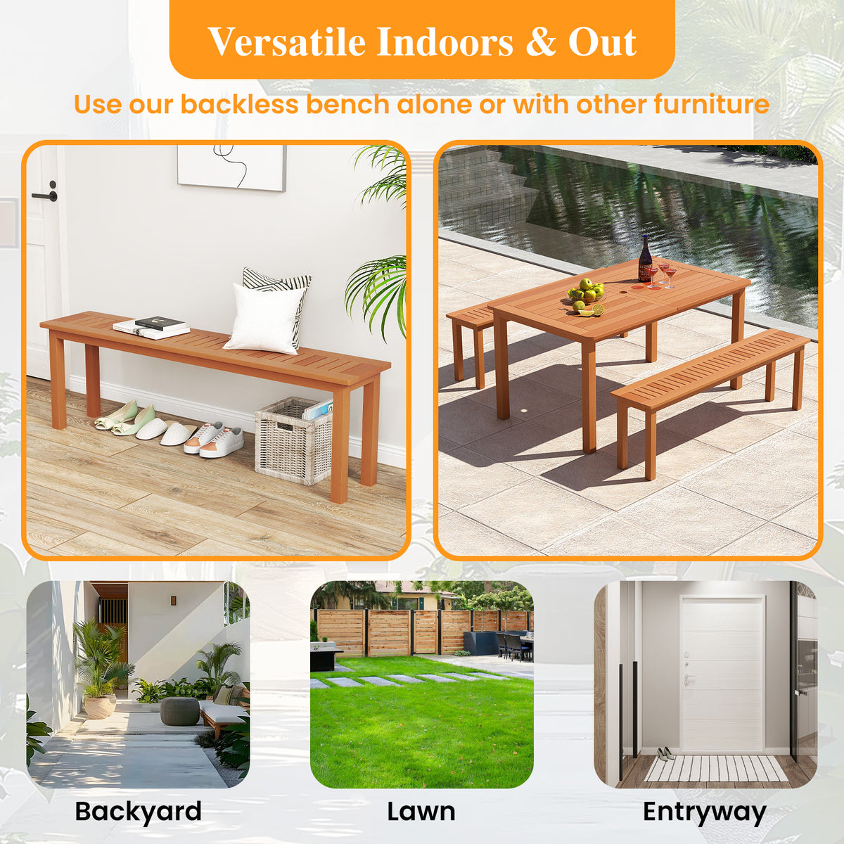 Outdoor 59 Inch Long Patio Dining Backless Wooden Bench with Teak Oil