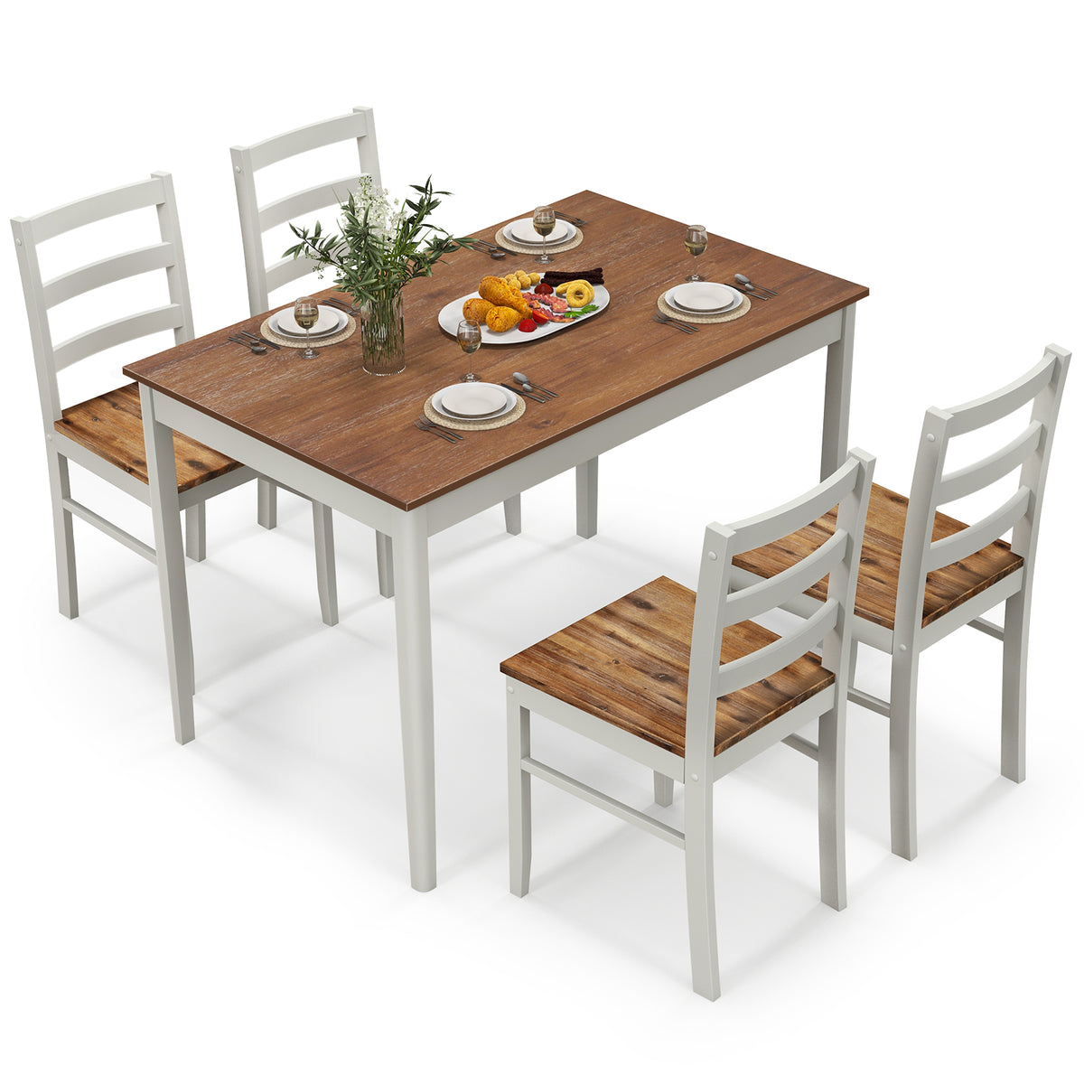 5-Piece Dining Set for 4 - Brown PVC Leather Chairs