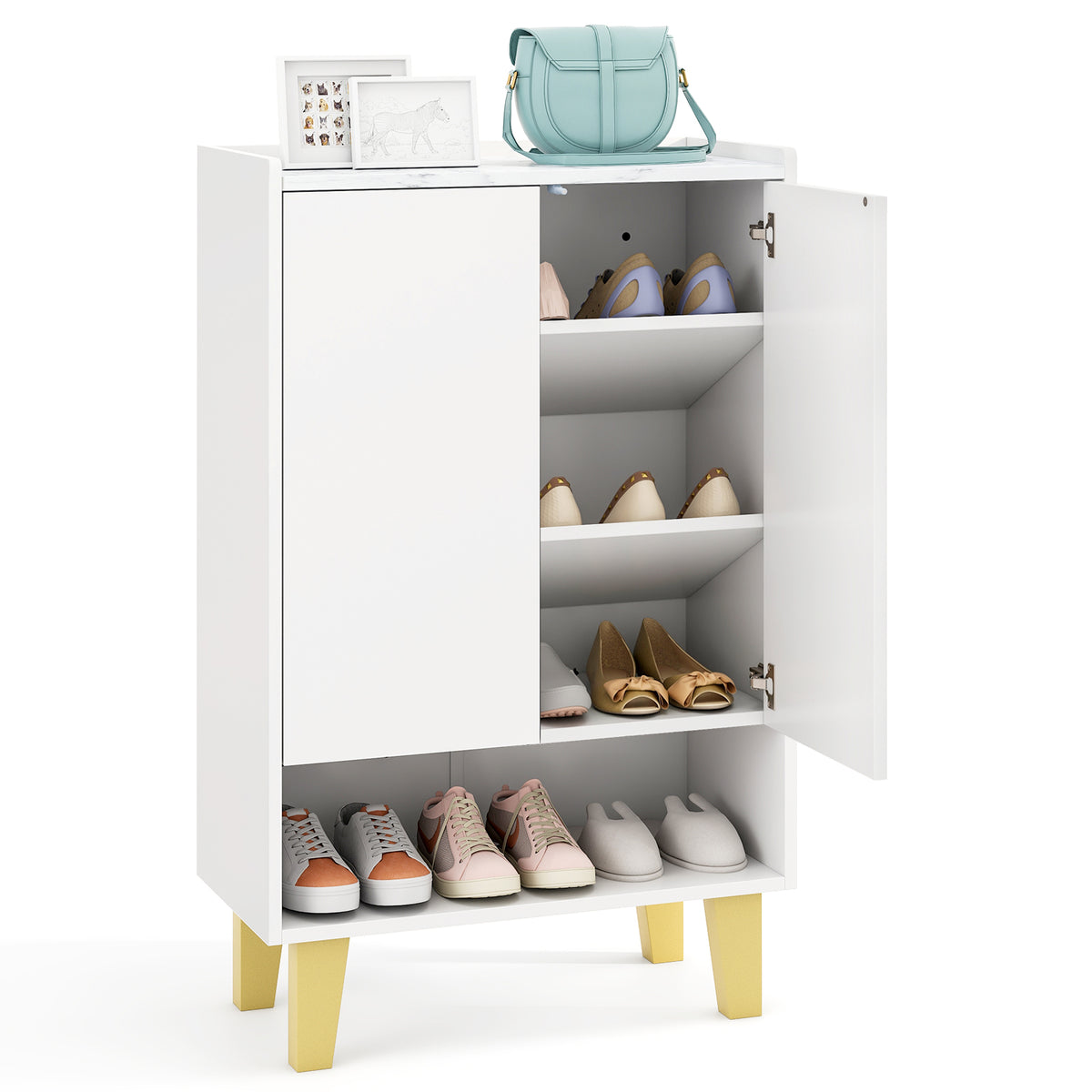 5-Tier Shoe Cabinet with Faux Marble Countertop and Flat Tilting