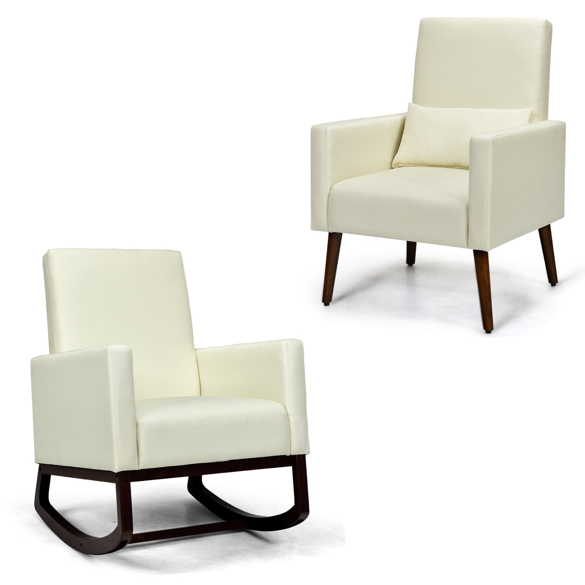 2-in-1 Fabric Upholstered Rocking Chair with Waist Pillow - Beige