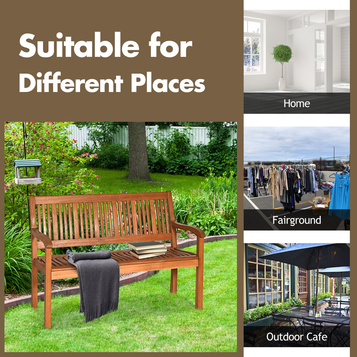 50 Inch Eucalyptus Garden Bench with Curved Backrest