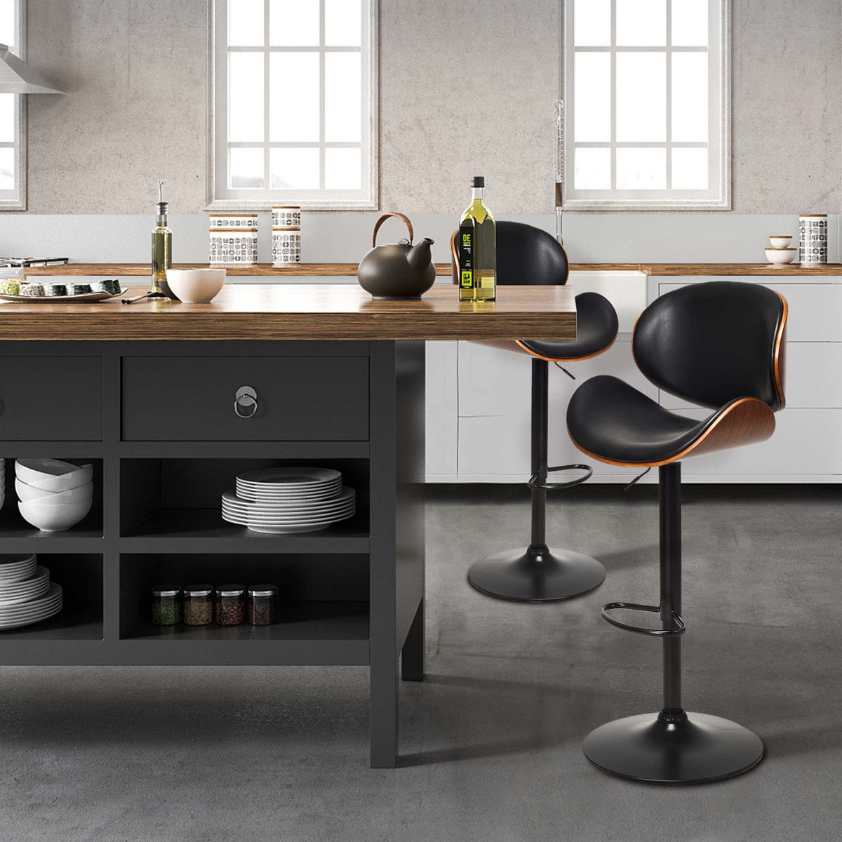 Set of 2 Adjustable Swivel Bar Stools with PU Leather - Curved Chair