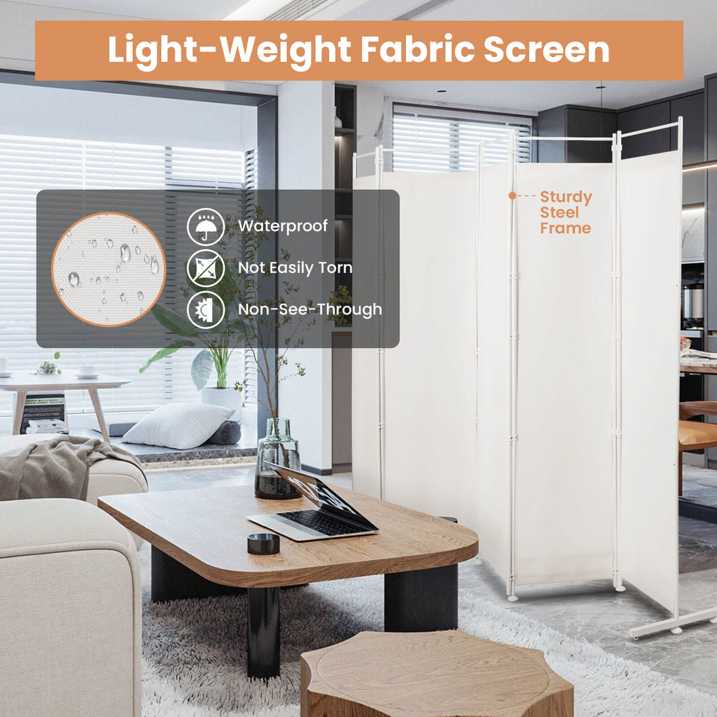 6-Panel Room Divider with Steel Support Base - White, No Wheels, Adjustable Feet