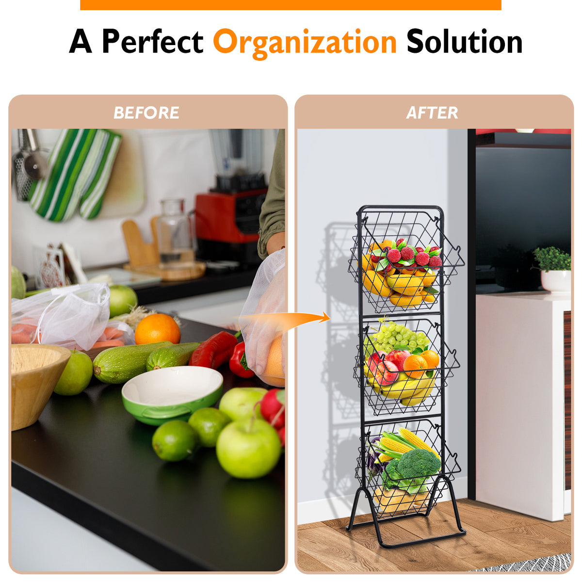 Adjustable 3-Tier Fruit Basket Stand for Kitchen & Organizing