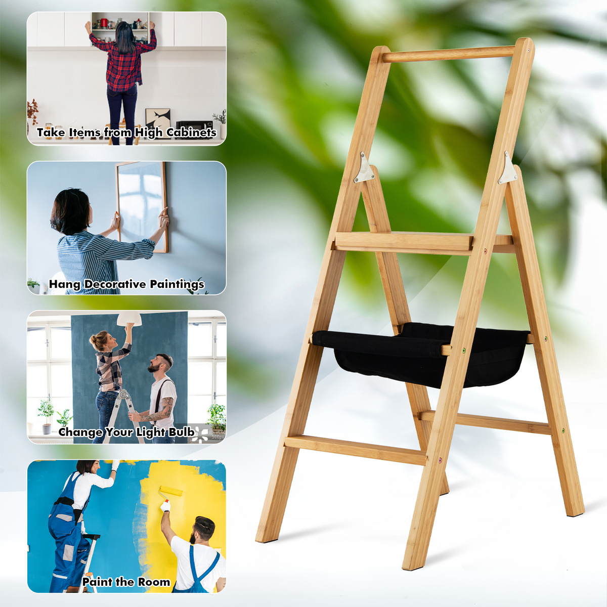 3 Step Foldable Bamboo Ladder Stool with Tool Storage Bag