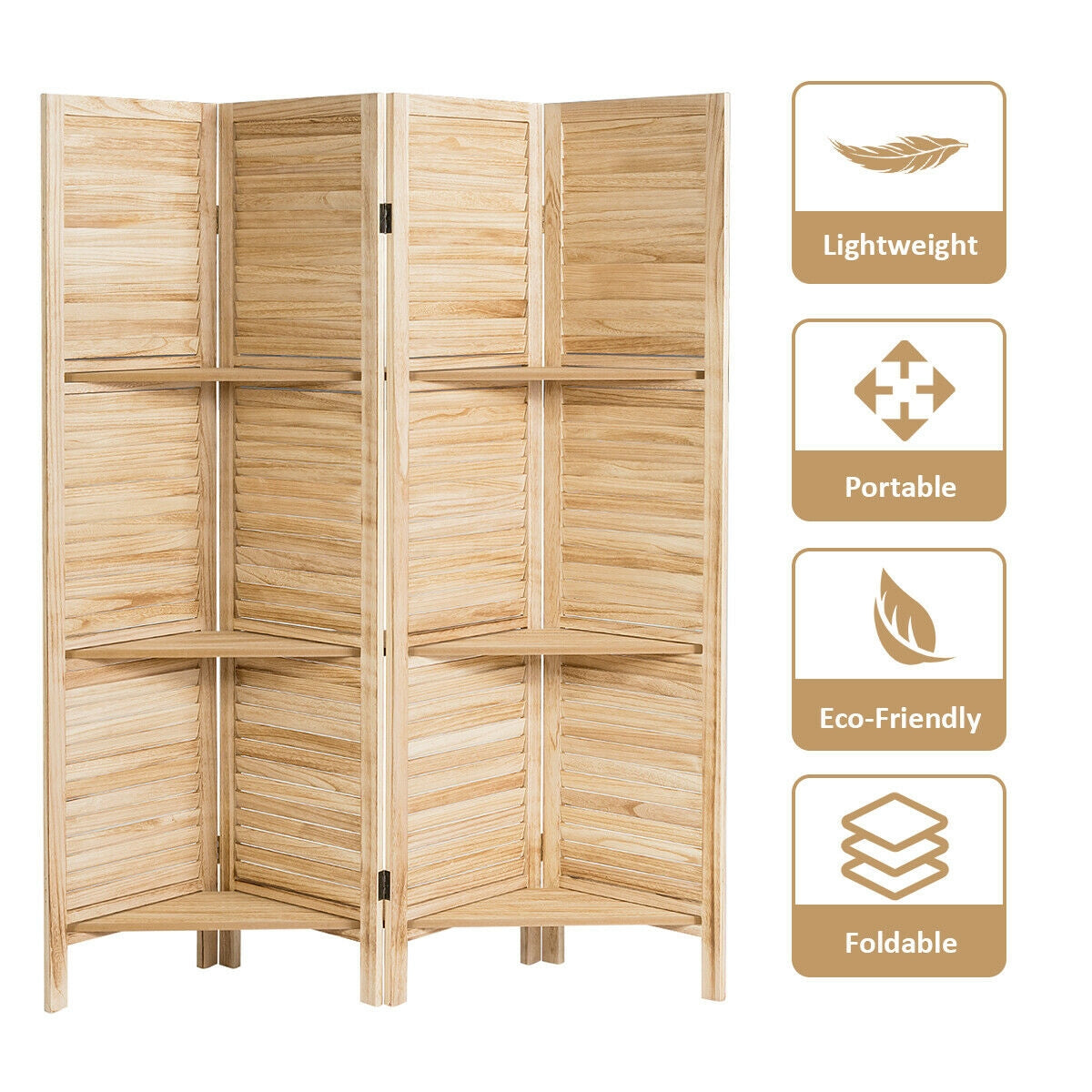 Brown 4 Panel Freestanding Room Divider with Shelves - Folding Privacy Screen