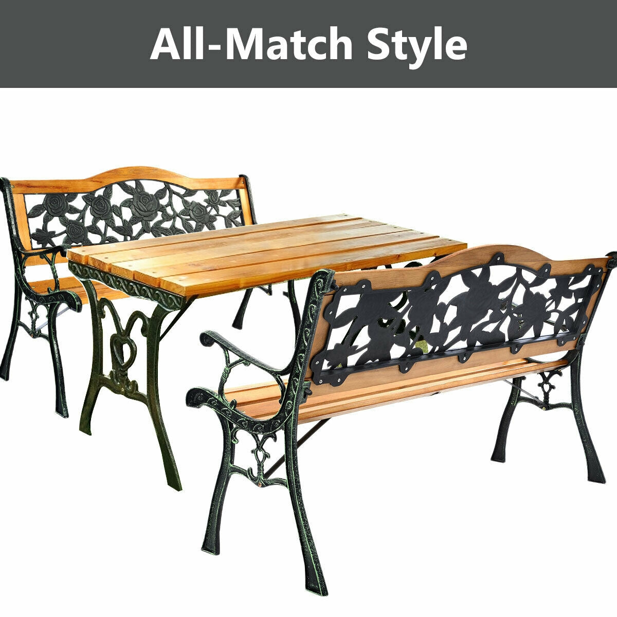Outdoor Wooden Loveseat Bench with Iron Armrest - Porch Chair Style 3