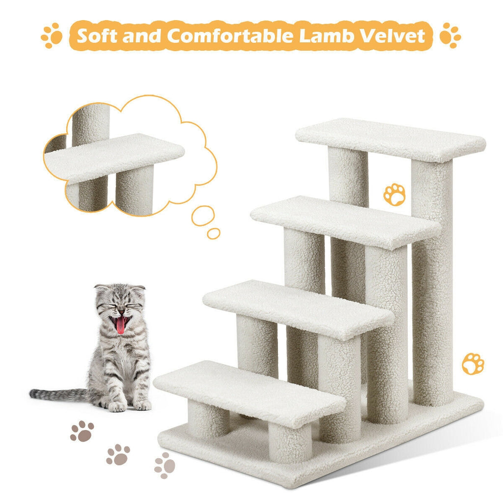 24 Inch Beige 4-Step Pet Stairs with Carpeted Climber & Scratching Posts