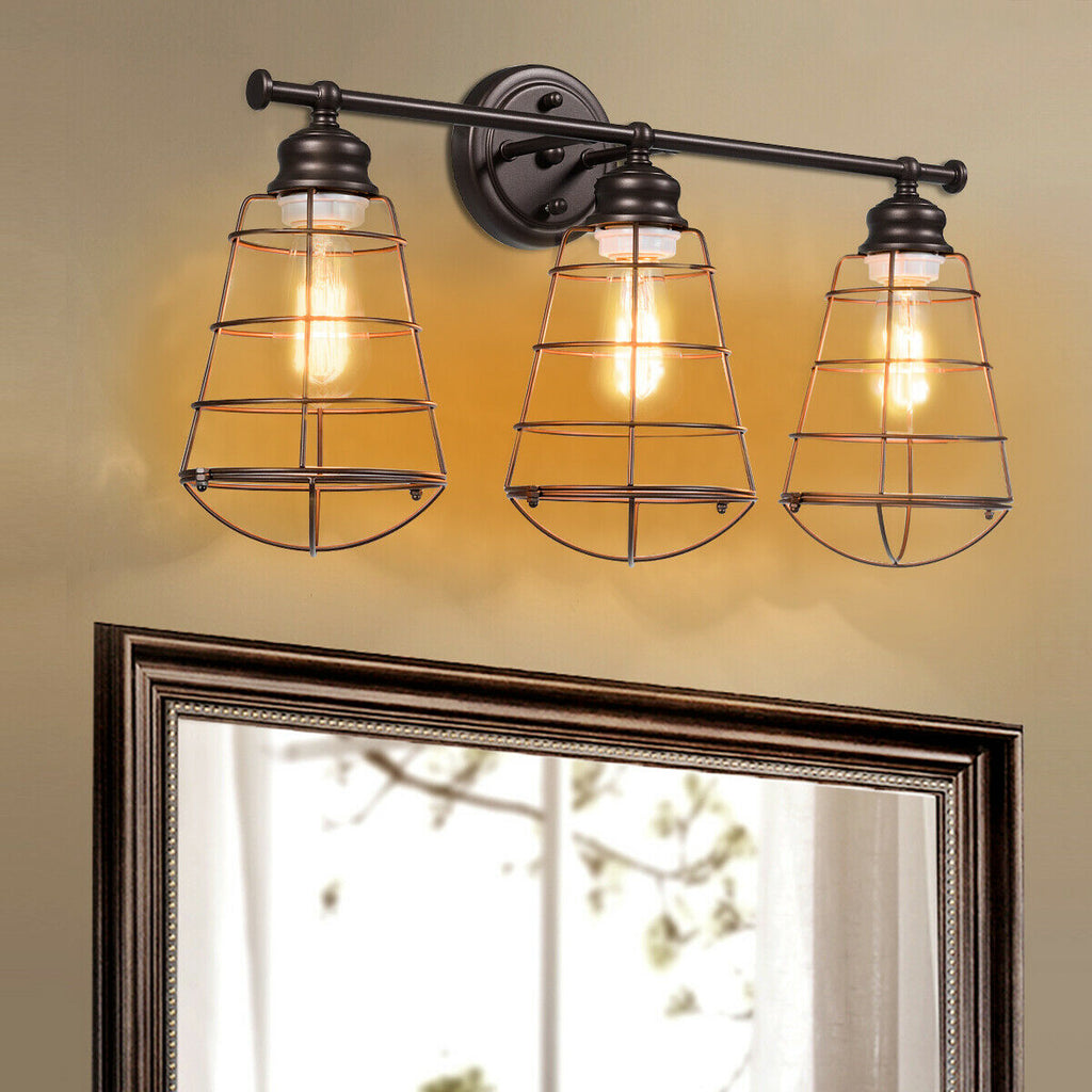 3-Light Bathroom Vanity Lamp Fixture with Metal Wire Cage - Retro Industrial Style