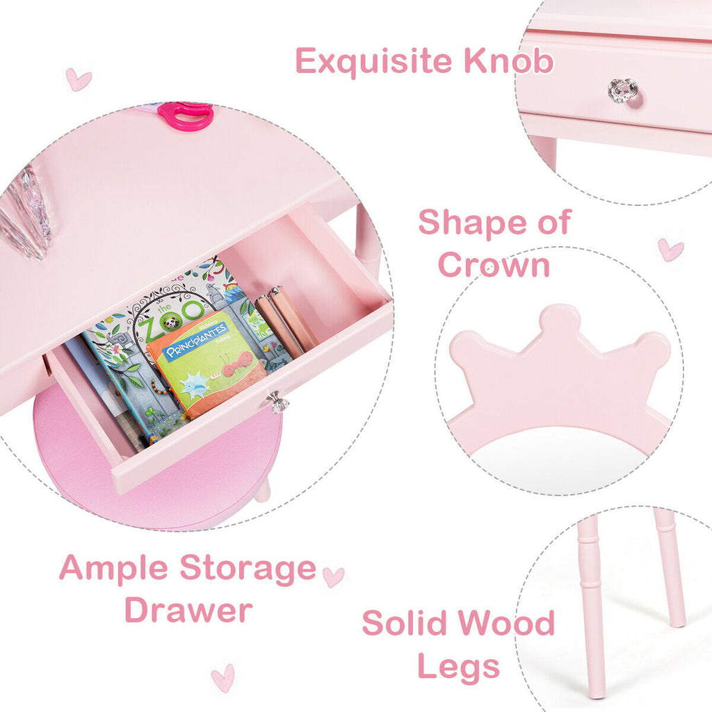 Kids Wooden Princess Makeup Table with Cushioned Stool & Round Mirror - Pink Variation