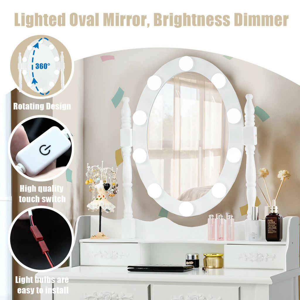 Makeup Dressing Table with Lighted Mirror & Stool - White