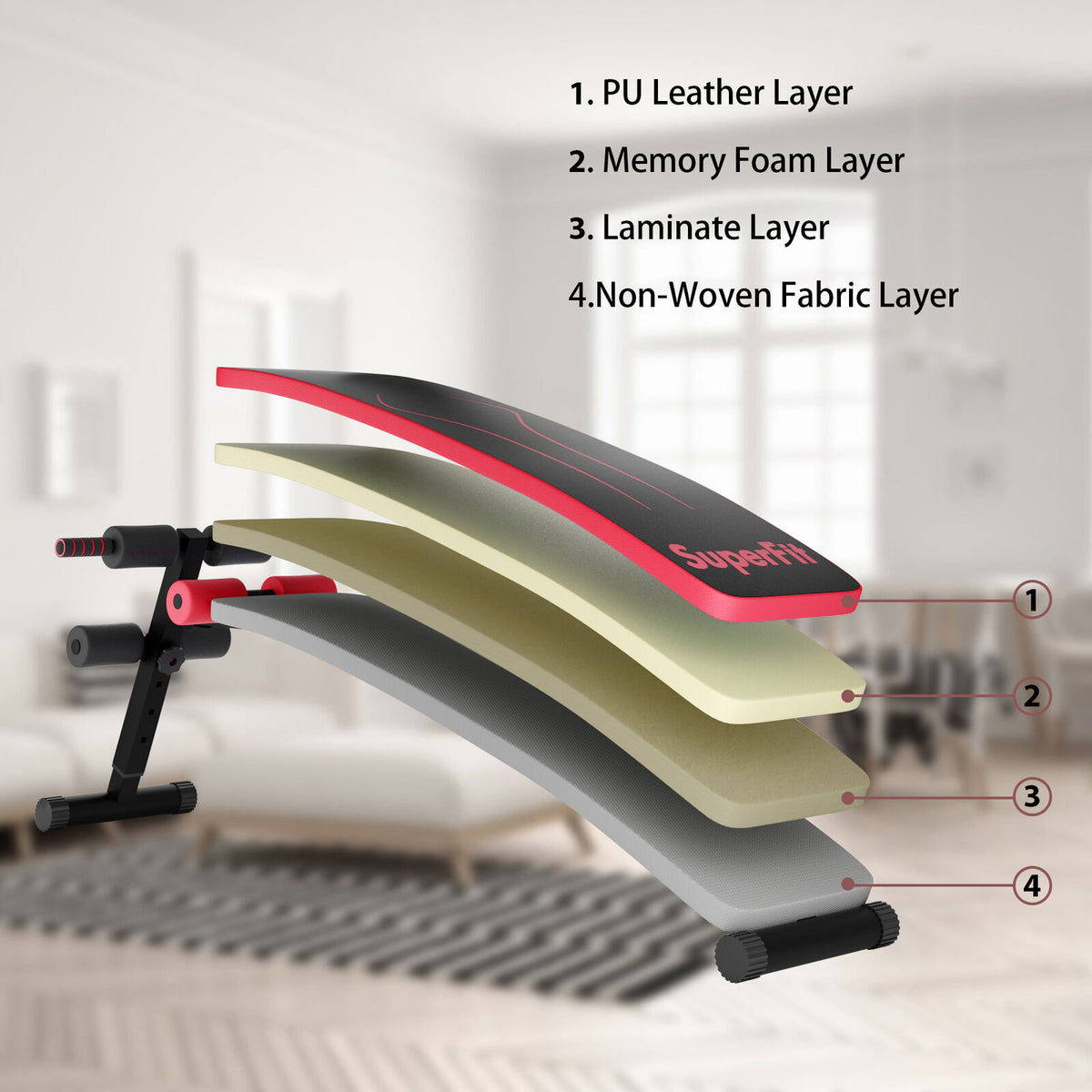 Foldable 52 Inch Adjustable Weight Bench for Home Workout - Red