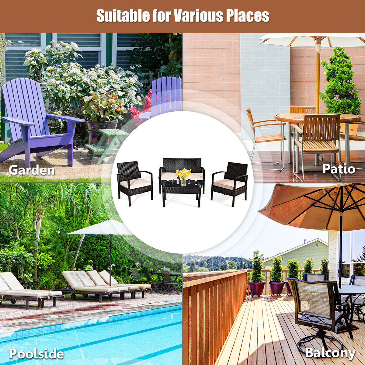 4-Piece Patio Rattan Conversation Set with Loveseat & Coffee Table