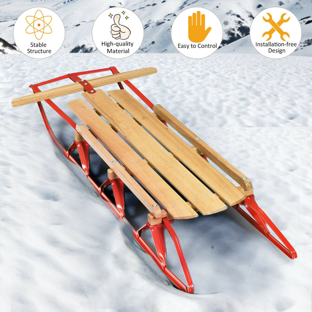 Red 54 Inch Wooden Snow Sled with Metal Runners & Steering Bar - Kids & Adults