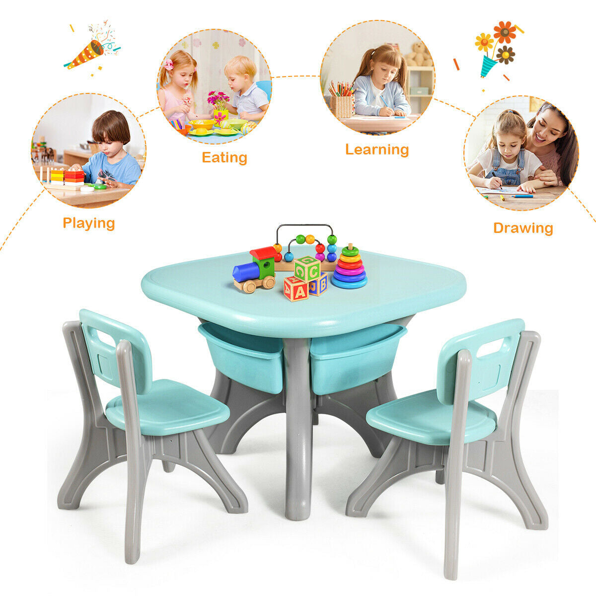 Kids Activity Table and Chair Set with Storage - Blue, Durable Plastic Play Furniture