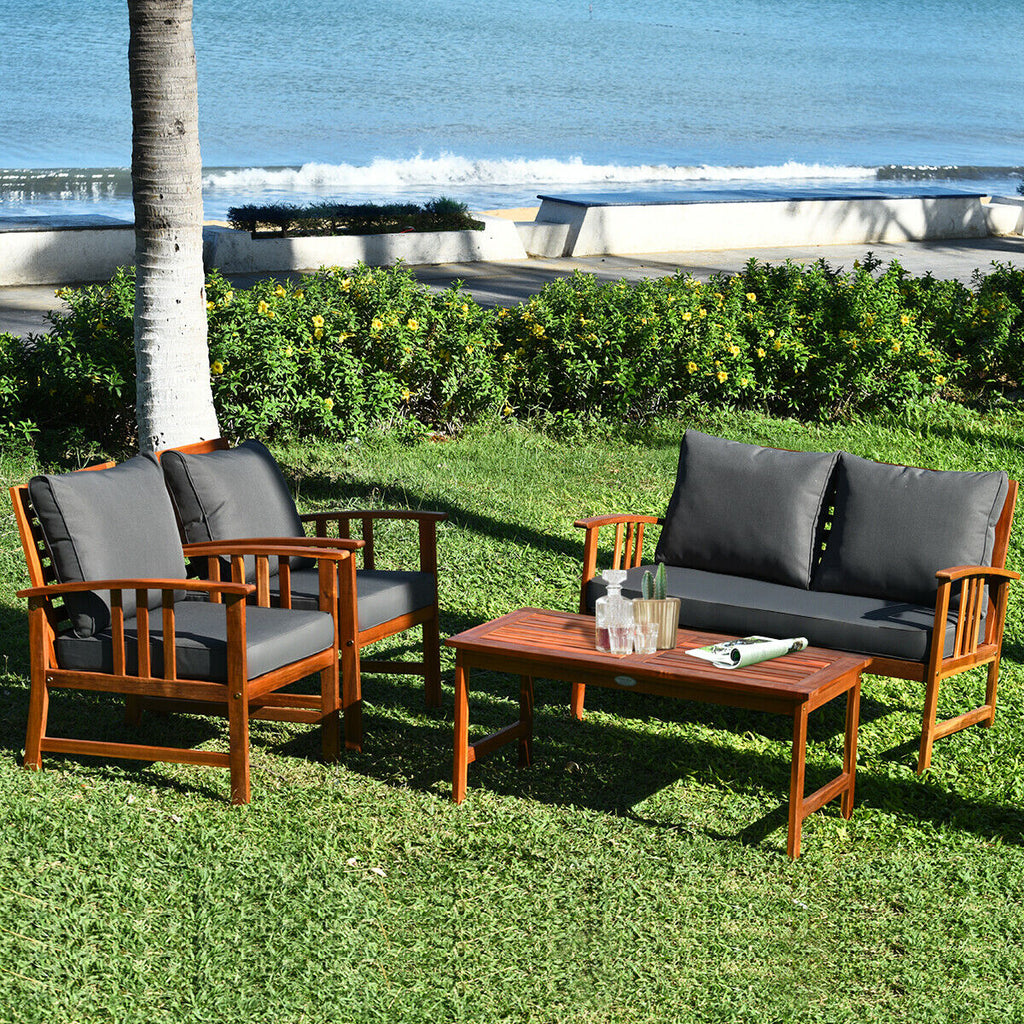 4-Piece Wooden Patio Sofa Set with Cushions - Gray