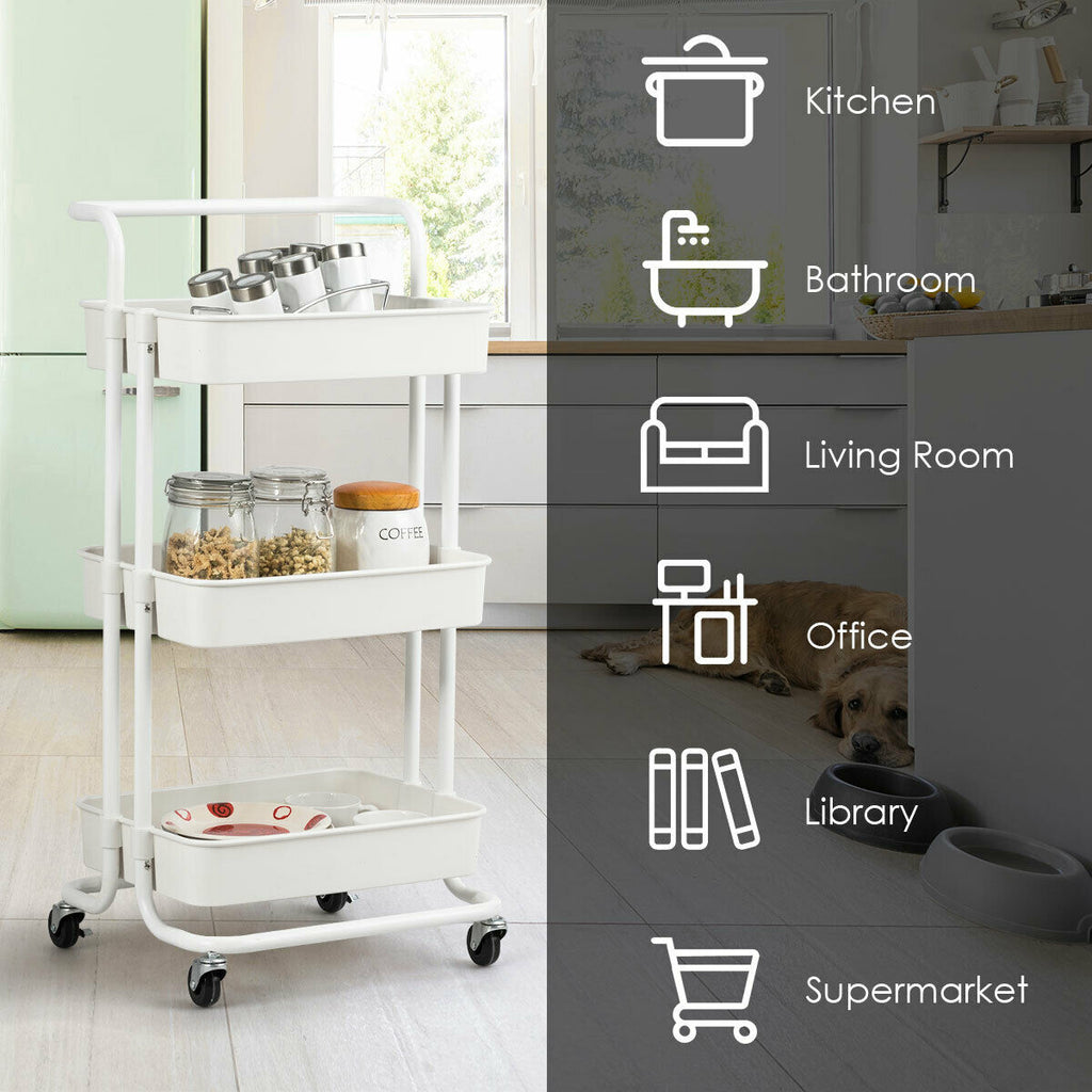 3-Tier Rolling Storage Cart with ABS Basket, White