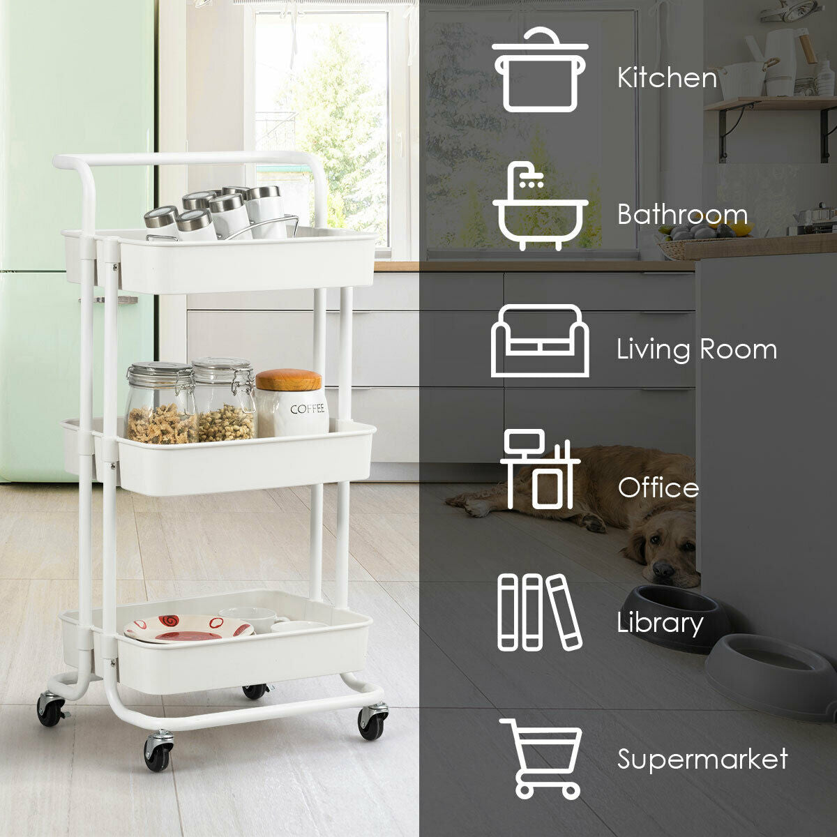 3-Tier Rolling Storage Cart with ABS Basket, White