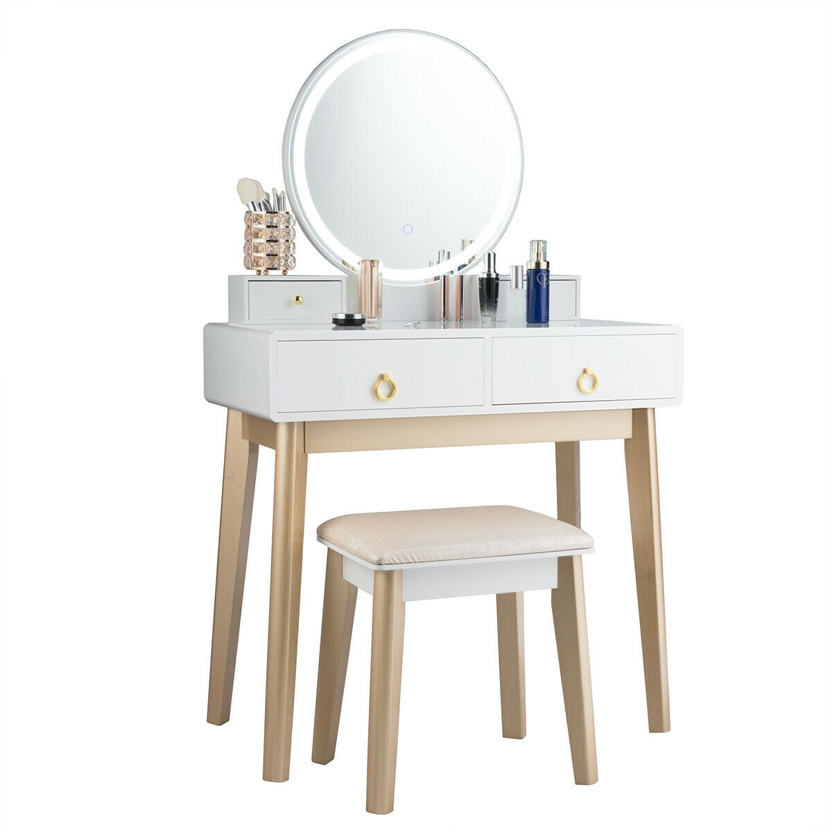 Vanity Table Set with Lighted Mirror and Stool - White with Cabinet