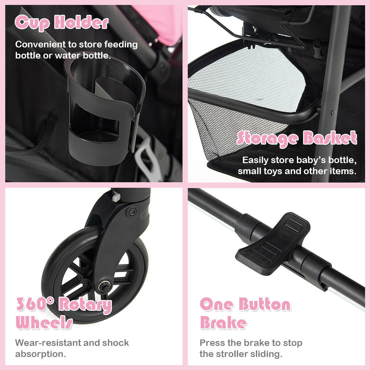 2-in-1 Foldable Baby Stroller with Cup Holder - Pink, Infant & Newborn
