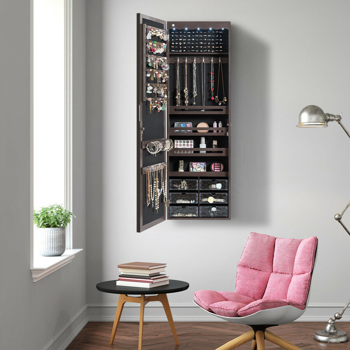Door Hanging Jewelry Armoire with Full Length Mirror - Brown, 6 LEDs