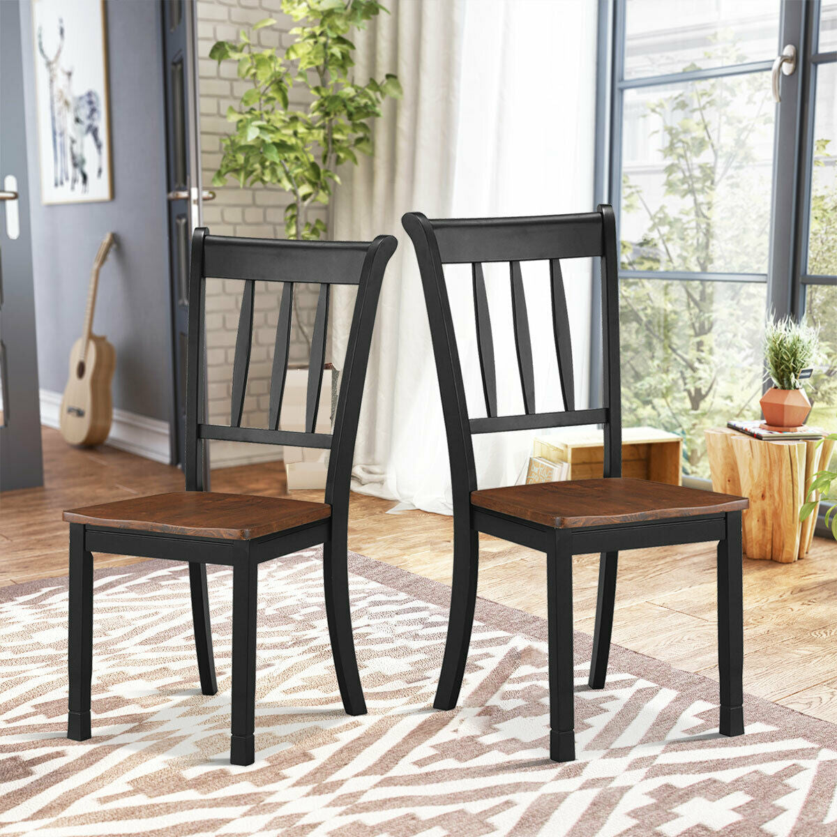 Spindle Back Wood Dining Chairs Set of 2 - Black