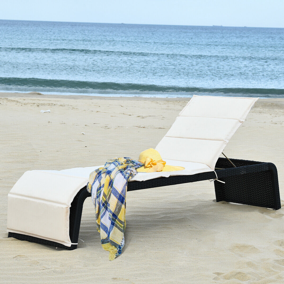 Adjustable Patio Rattan Lounge Chair with Cushion - White
