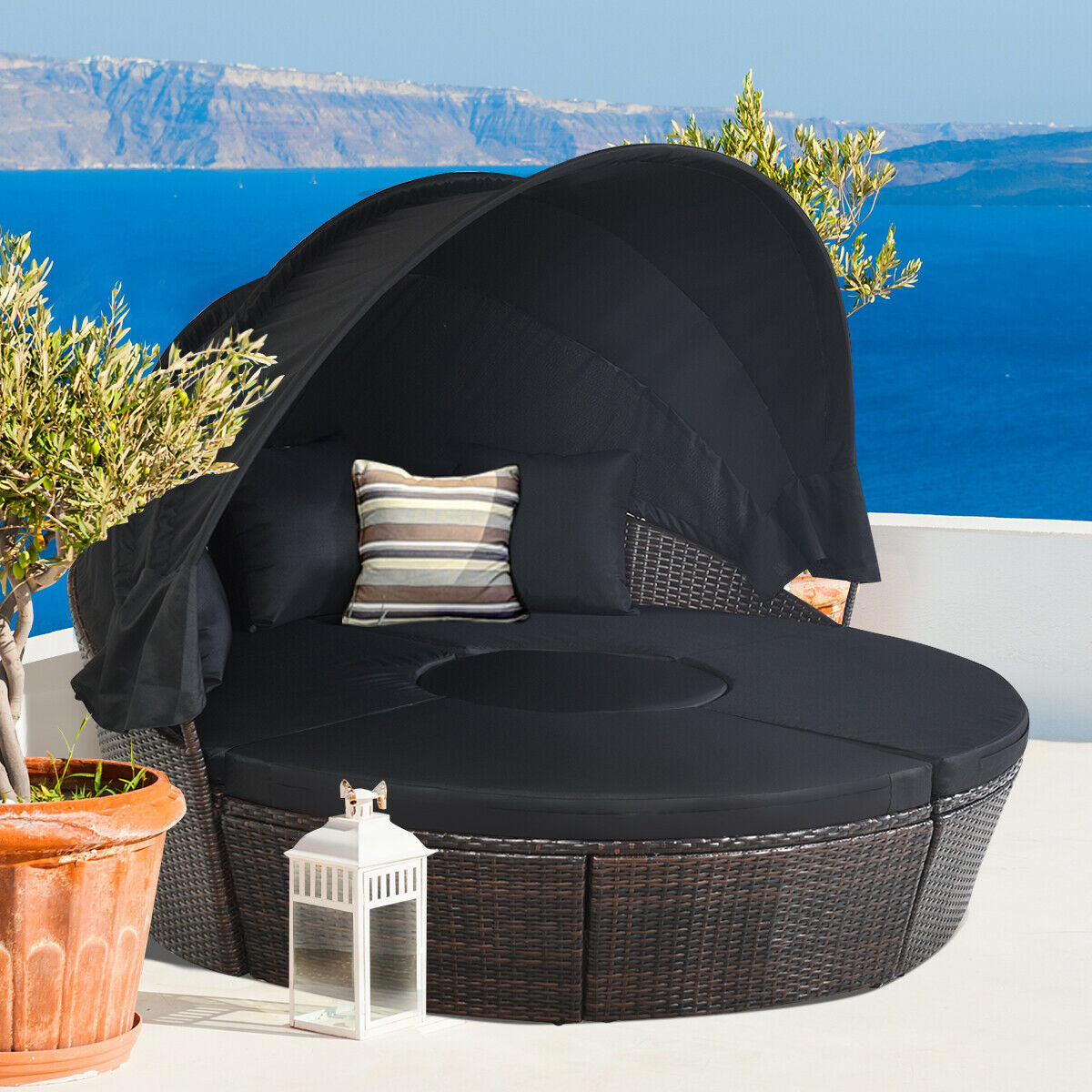 Patio Round Rattan Daybed with Retractable Canopy and Height