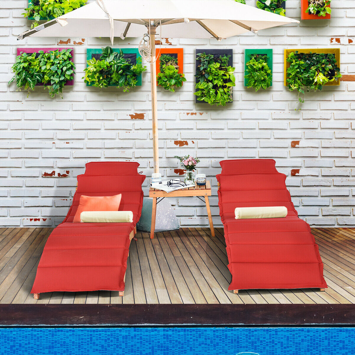 3 Pieces Folding Patio Eucalyptus Wood Lounge Chair Set with Foldable