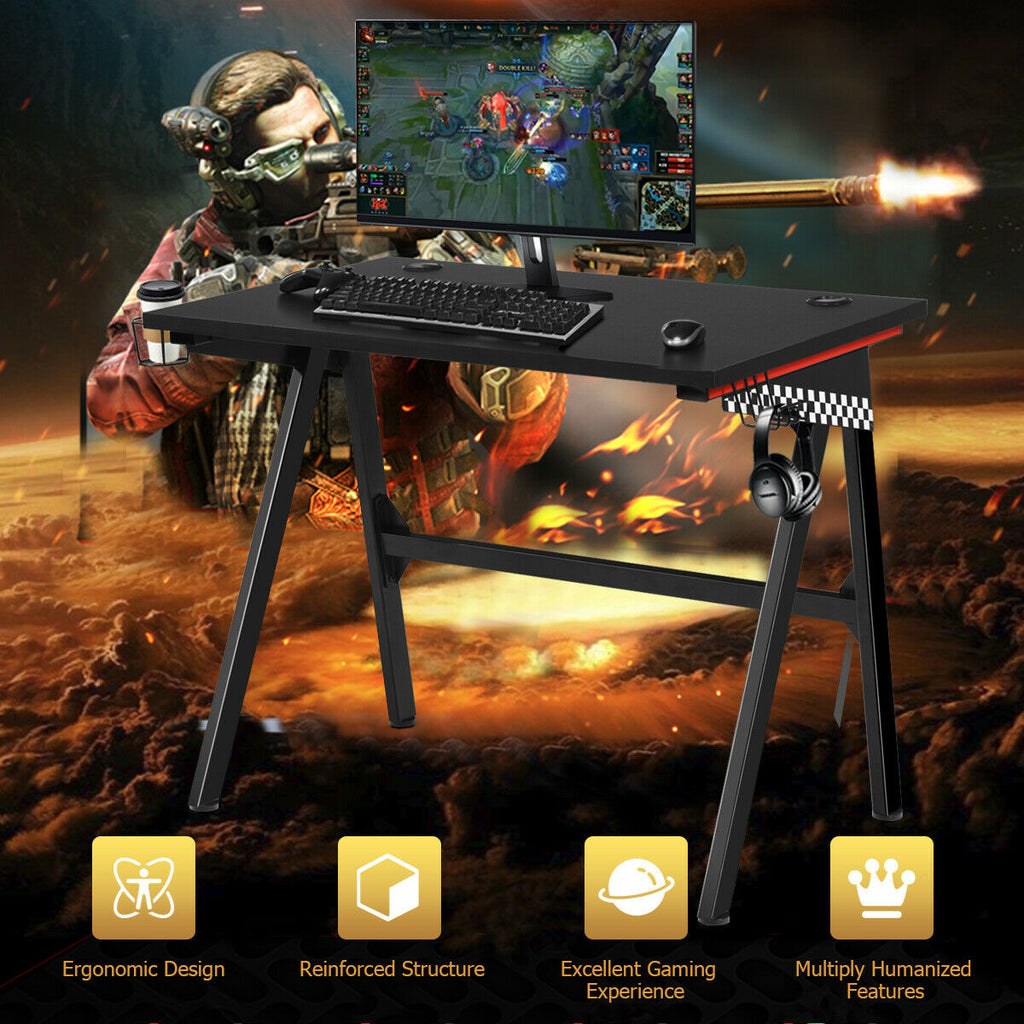 Ergonomic Gaming Desk with Cup Holder and Headphone Hook