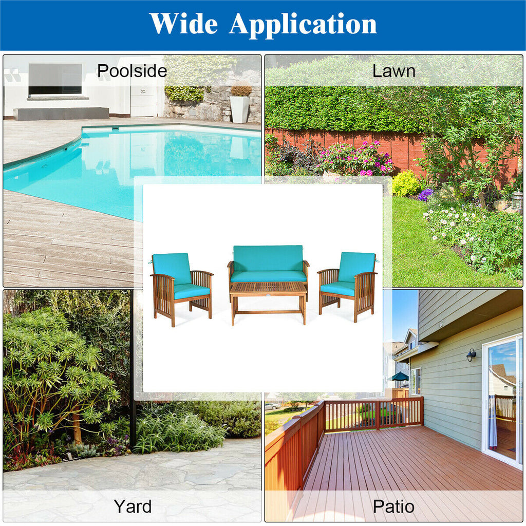 4-Piece Acacia Patio Furniture Set with Cushions - Style 2, Blue