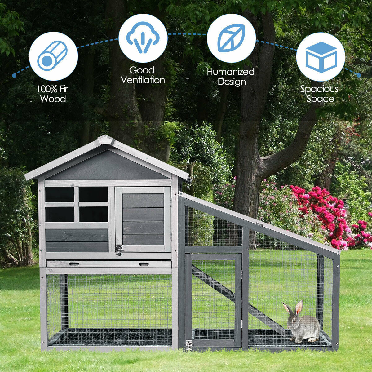 Wooden Rabbit Hutch with Pull-Out Tray and Ramp - 56.5 Inch Long Animal Cage